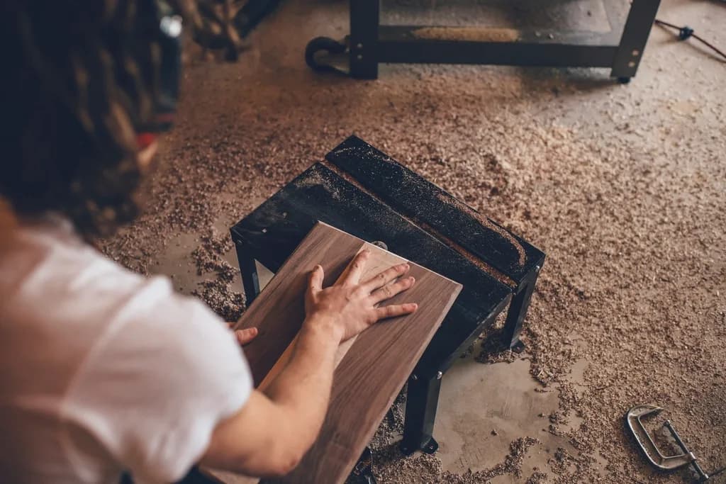 Tukang kayu mengamplas papan kayu di bengkel penuh serbuk